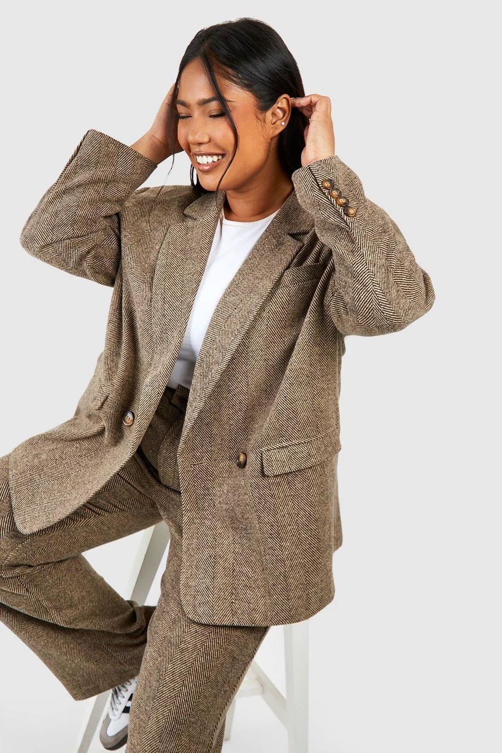 Plus Herringbone Tailored Oversized Blazer