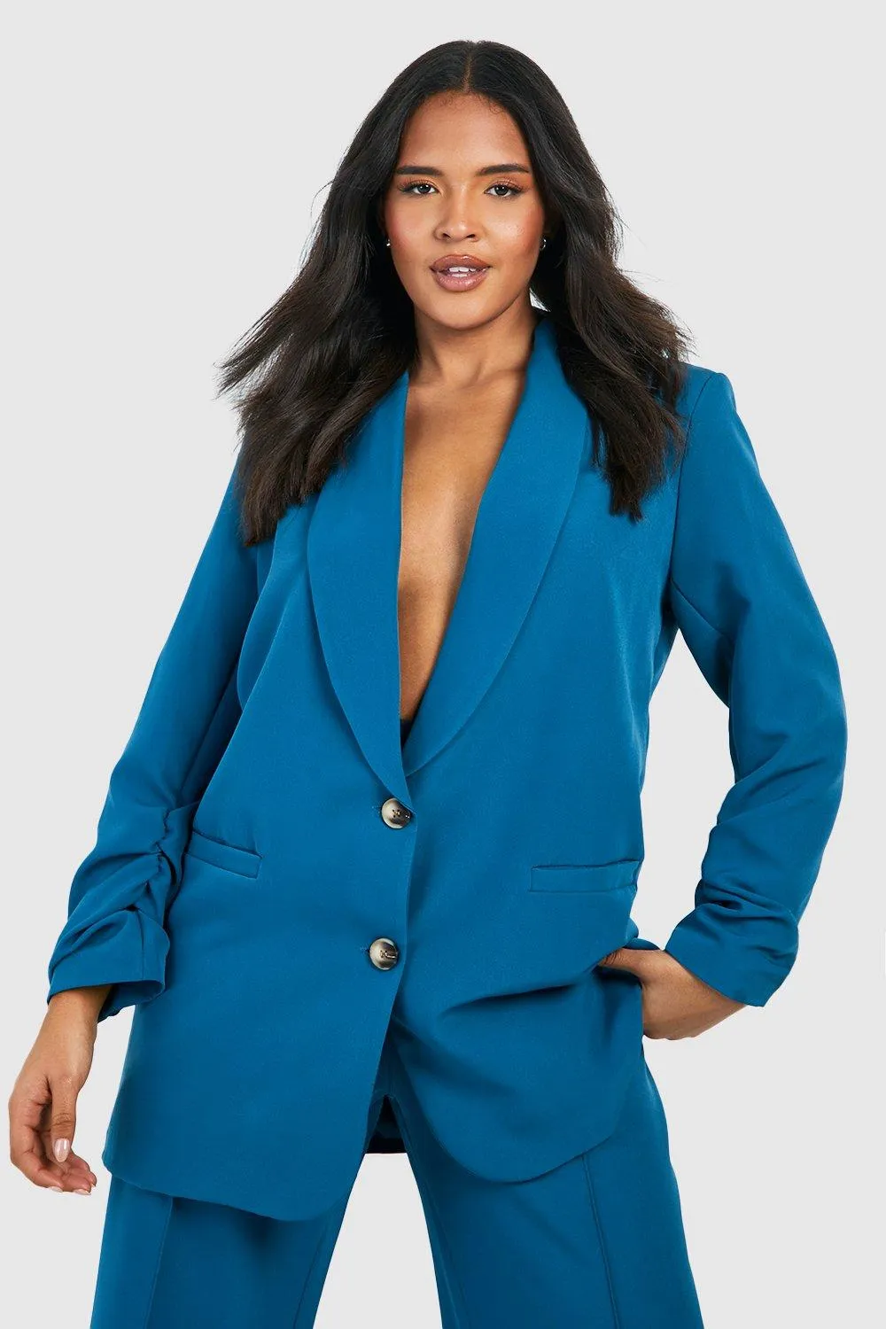 Plus Woven Ruched Sleeve Blazer