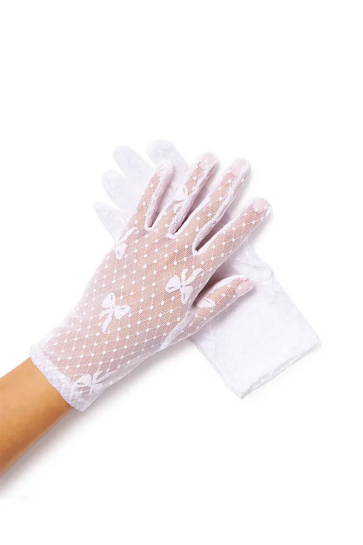 Polka Dot & Bow Lace Gloves - White