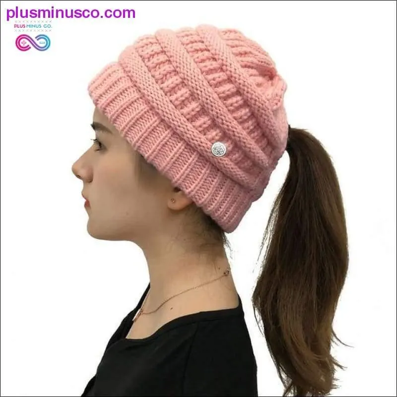 Ponytail Beanies Winter Hat For Women Knitted Warm Cap Messy