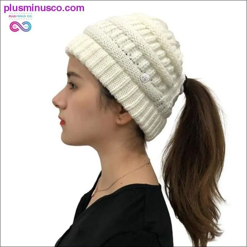 Ponytail Beanies Winter Hat For Women Knitted Warm Cap Messy