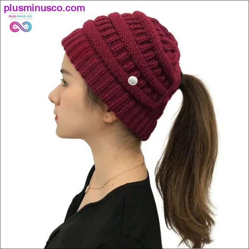 Ponytail Beanies Winter Hat For Women Knitted Warm Cap Messy