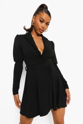 Puff Sleeve Wrap Skater Blazer Dress