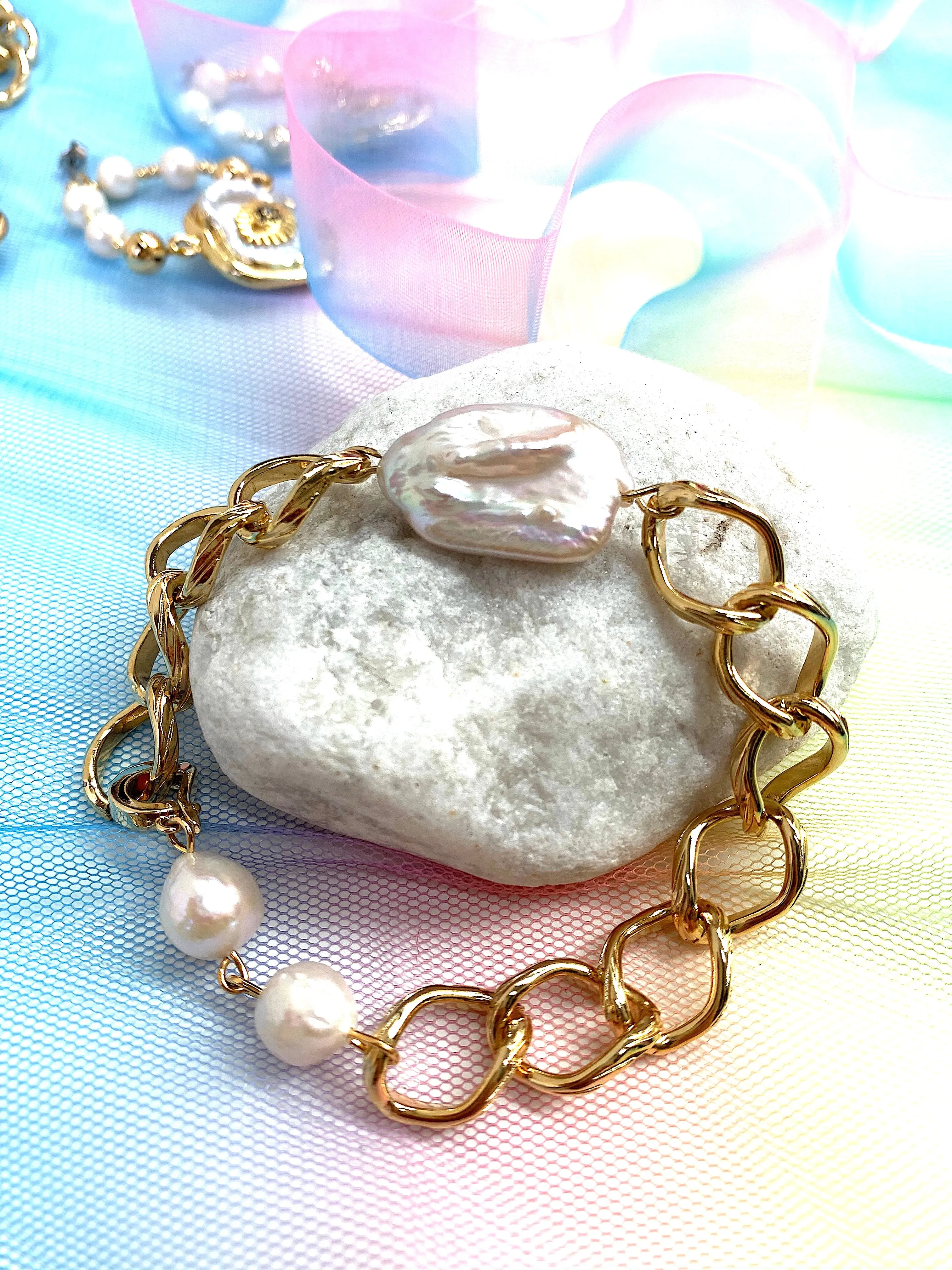 Rectangle Freshwater Pearls Chain Bracelet EB004