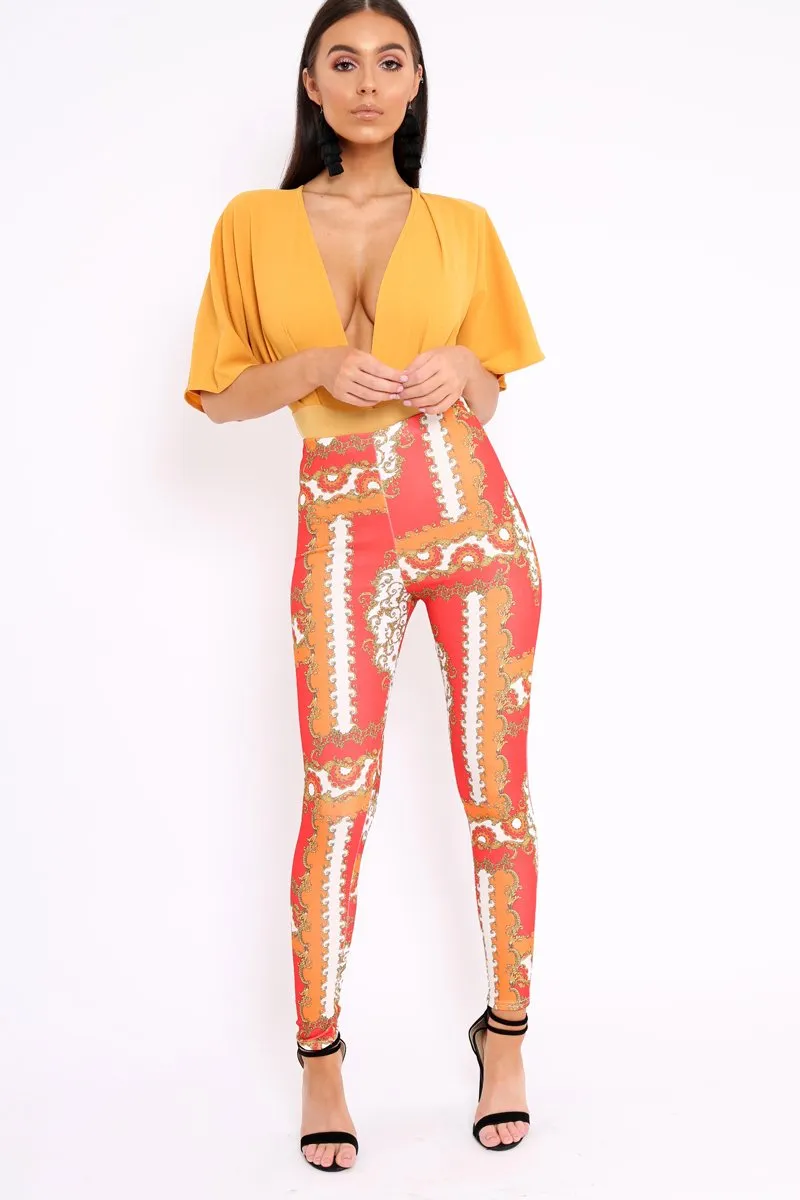 Red Scarf Print Leggings - Lilyan