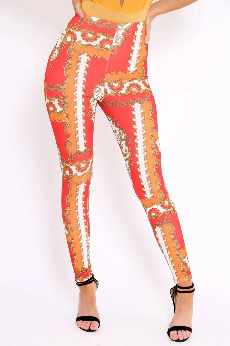 Red Scarf Print Leggings - Lilyan