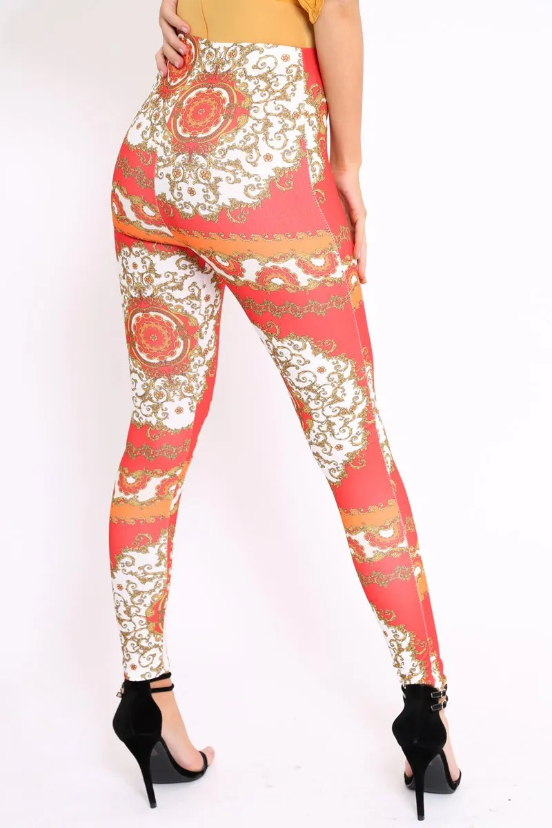 Red Scarf Print Leggings - Lilyan