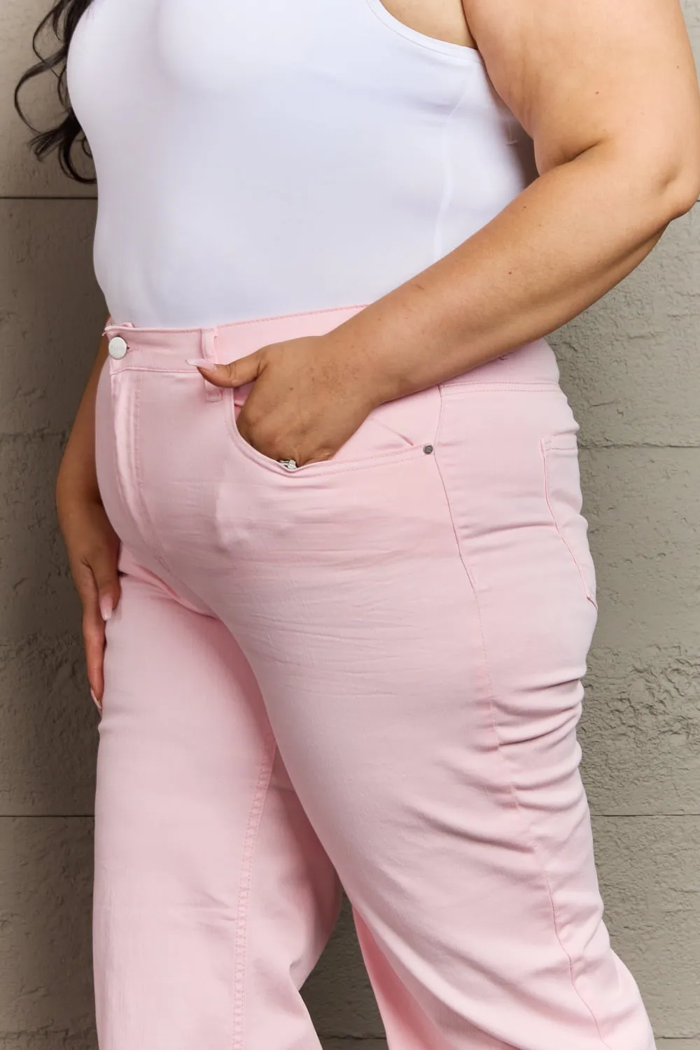 RISEN Raelene Full Size High Waist Wide Leg Jeans in Light Pink