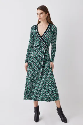 Self Belt Viscose Blend Long Sleeve Jersey Midi Dress | Karen Millen