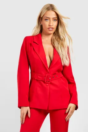 Self Fabric Belted Fitted Blazer