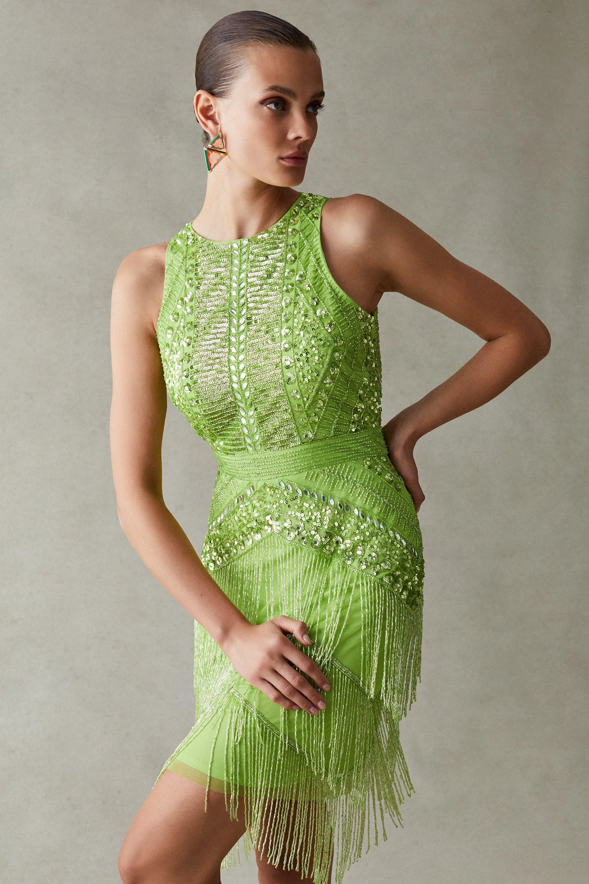 Sequin and Beaded Fringed Woven Mini Dress | Karen Millen