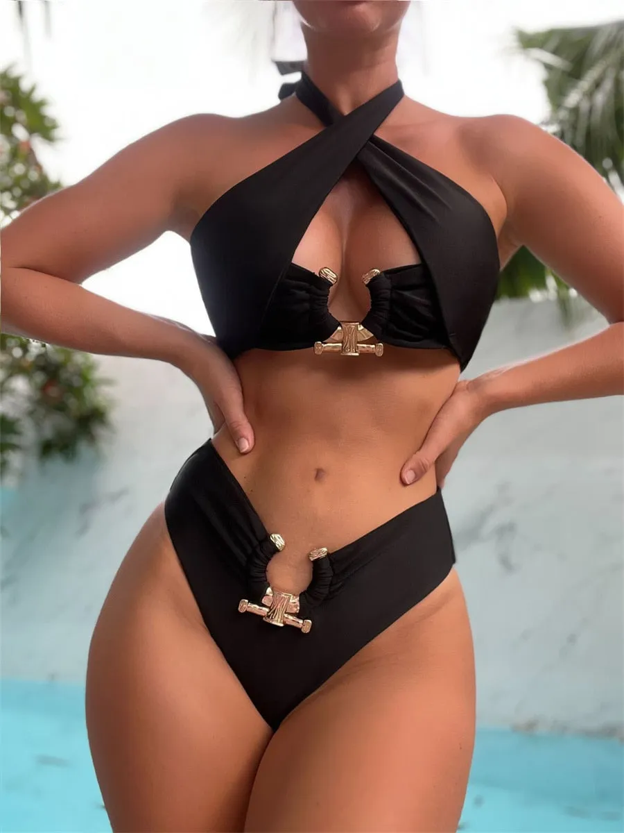 Sexy Women's Metal Decor Halter Cross High Waist Push-Up Bikini Swimwear