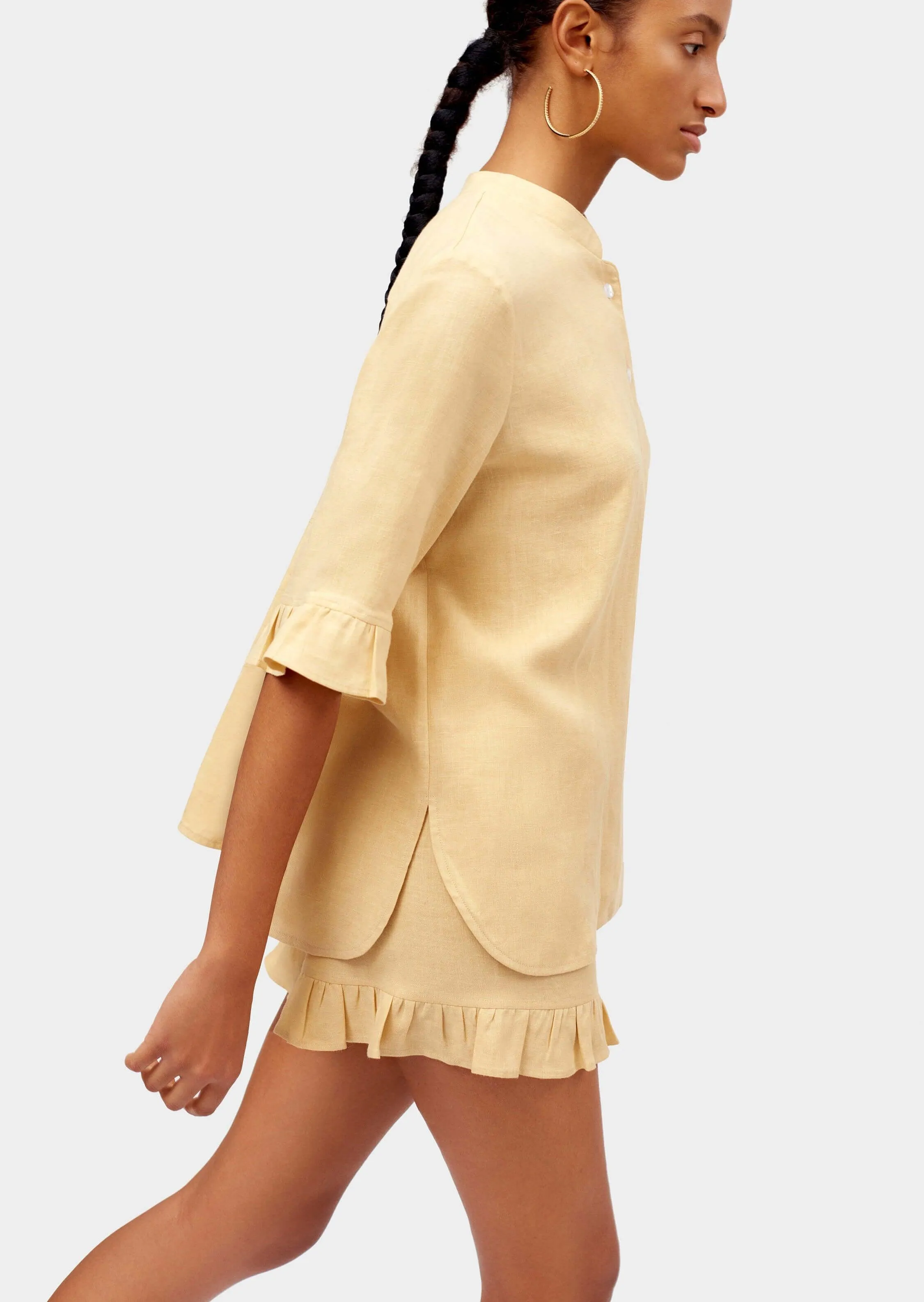 Sleeper Ruffled Linen Lounge Suit in Beige