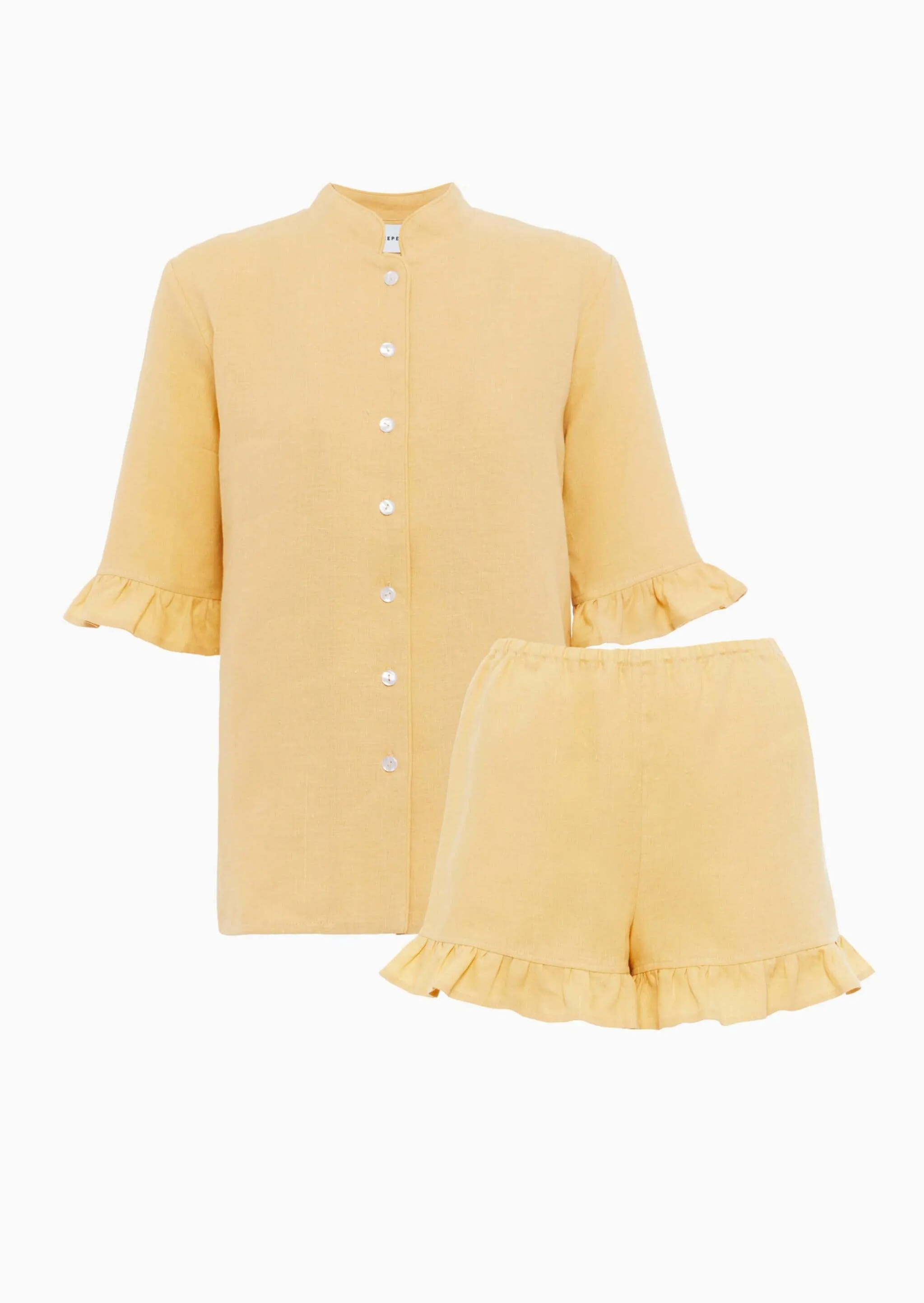 Sleeper Ruffled Linen Lounge Suit in Beige