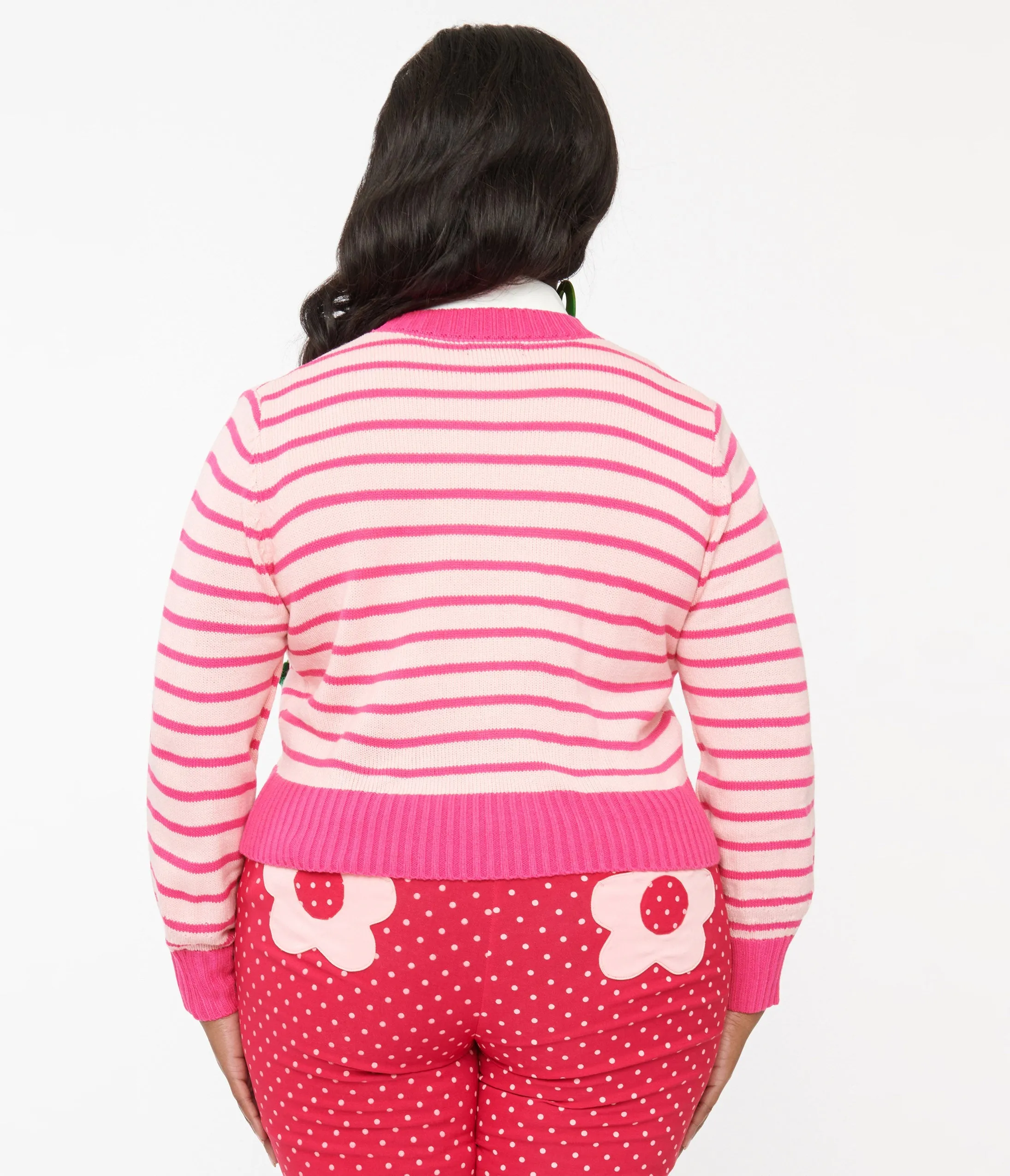 Smak Parlour Plus Size 1960s Pink Stripes & Strawberry Pocket Cardigan