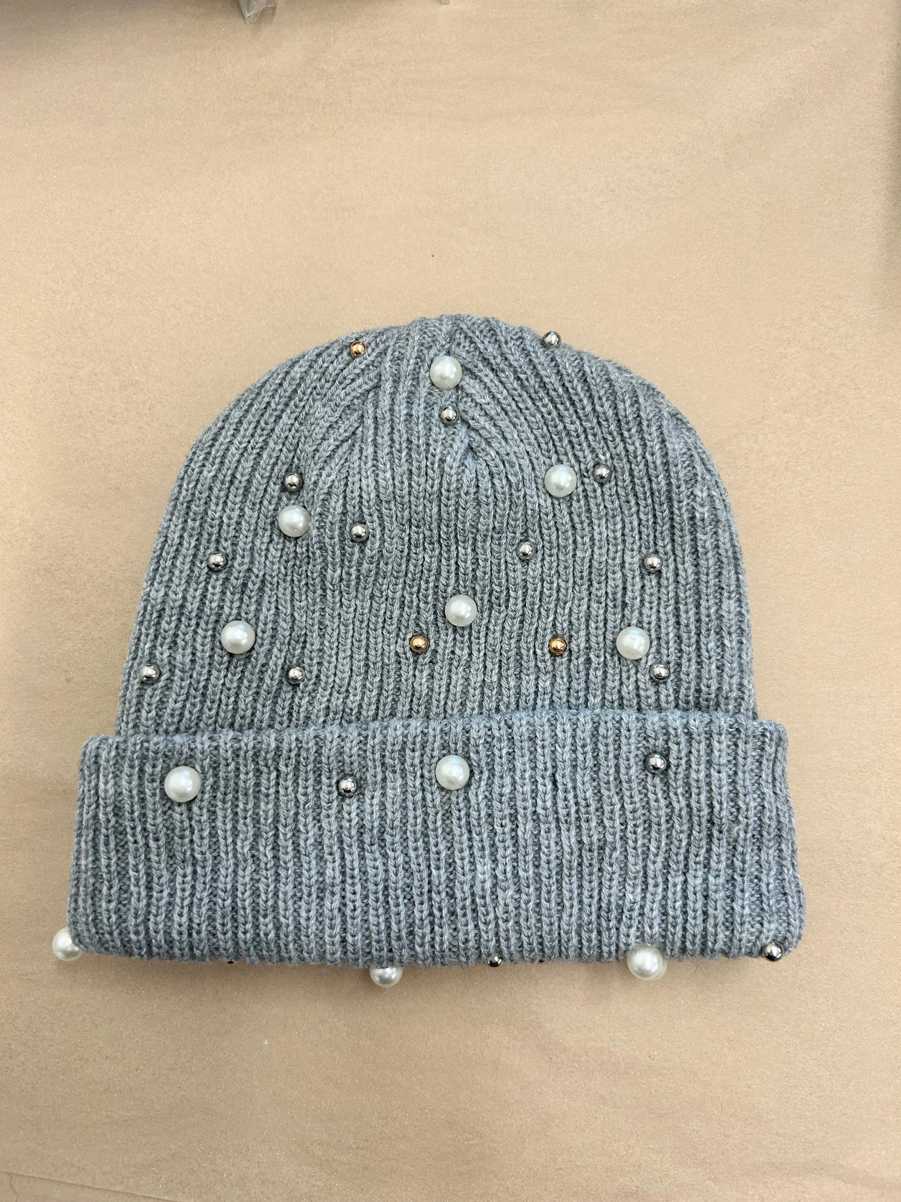 SOLID COLORED KIDS BEANIES WITH PEARL DETAIL | BLUSH OR GRAY