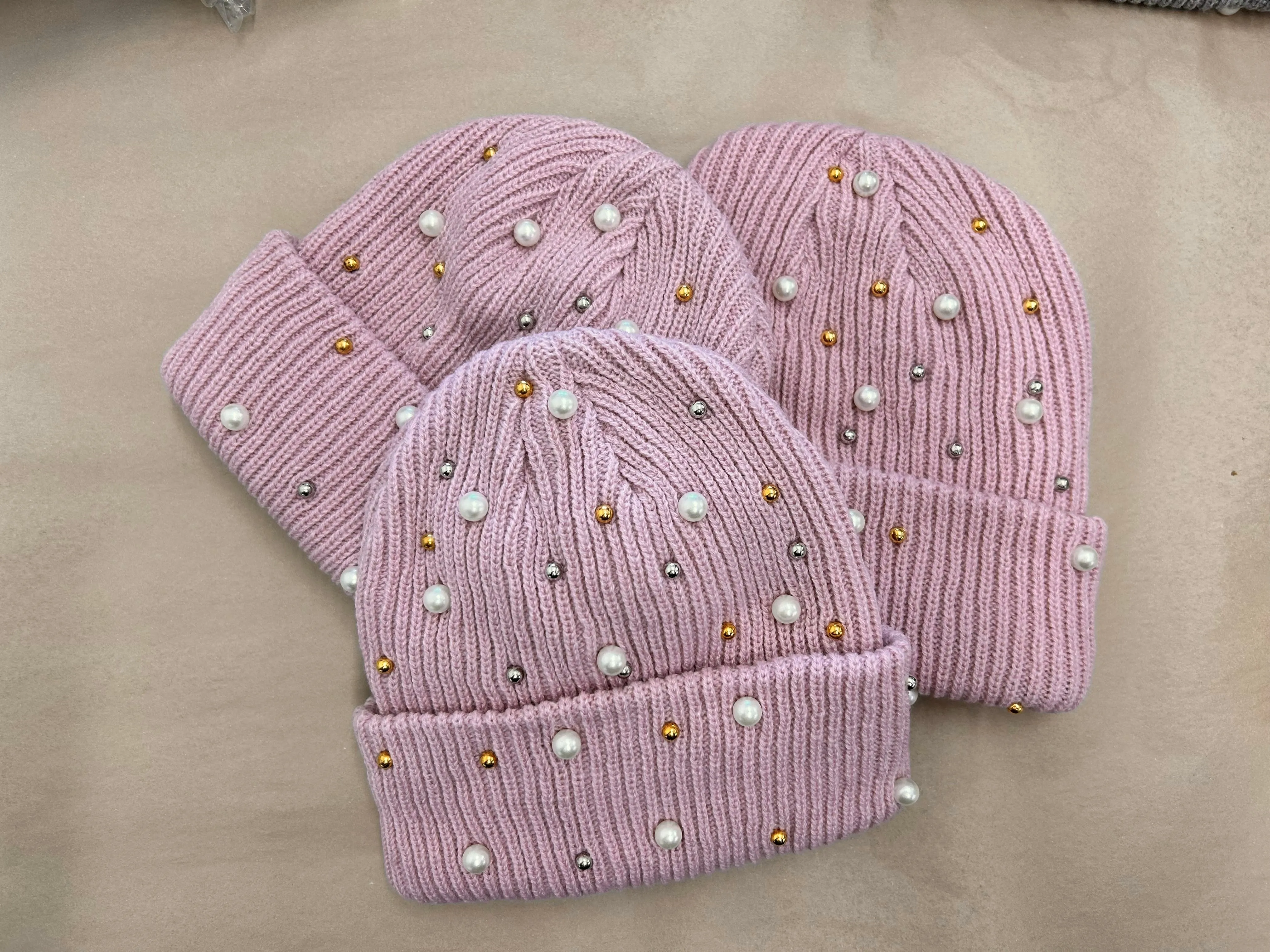 SOLID COLORED KIDS BEANIES WITH PEARL DETAIL | BLUSH OR GRAY