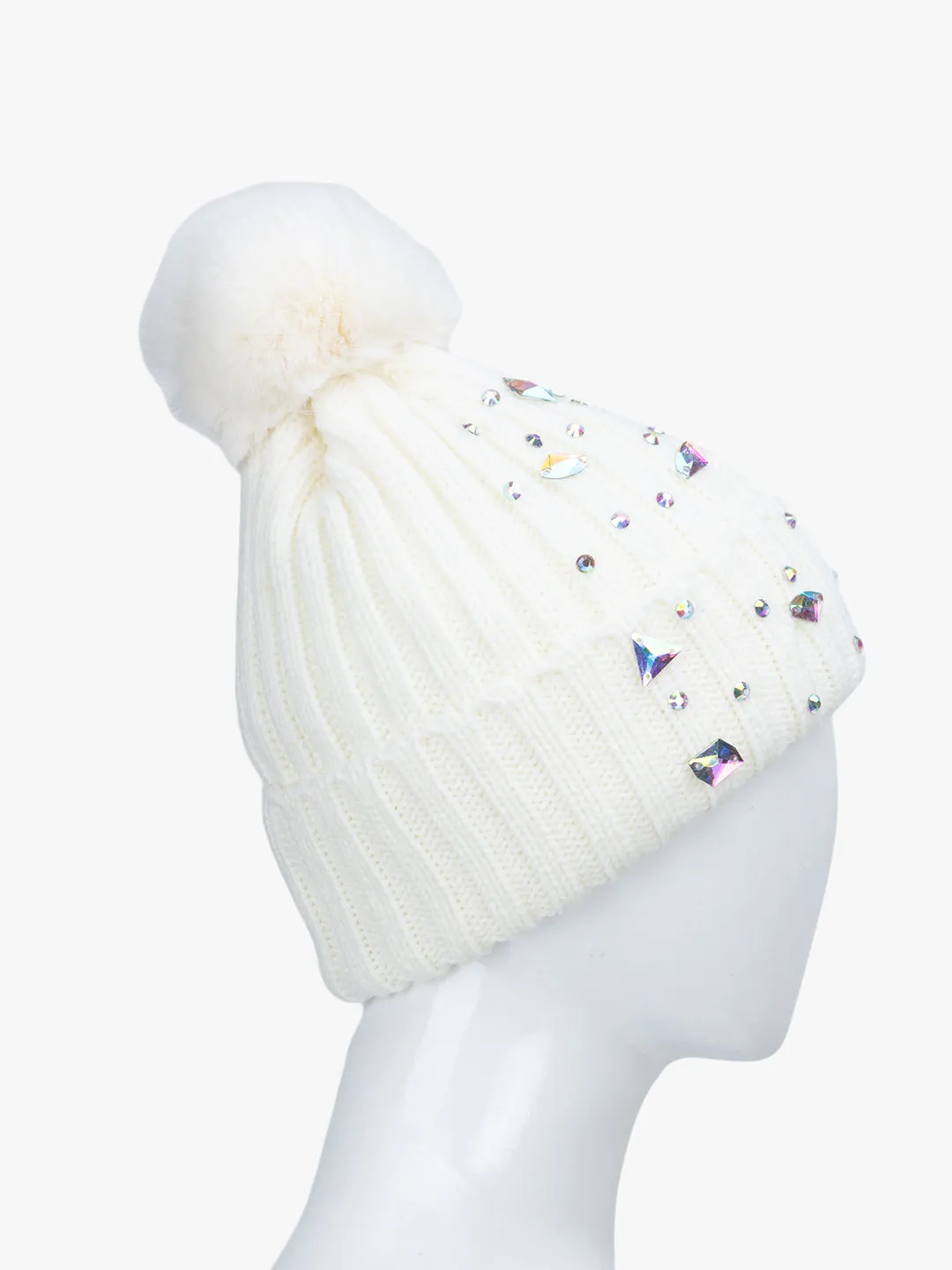 Studded Beanie With Fur Pom Pom