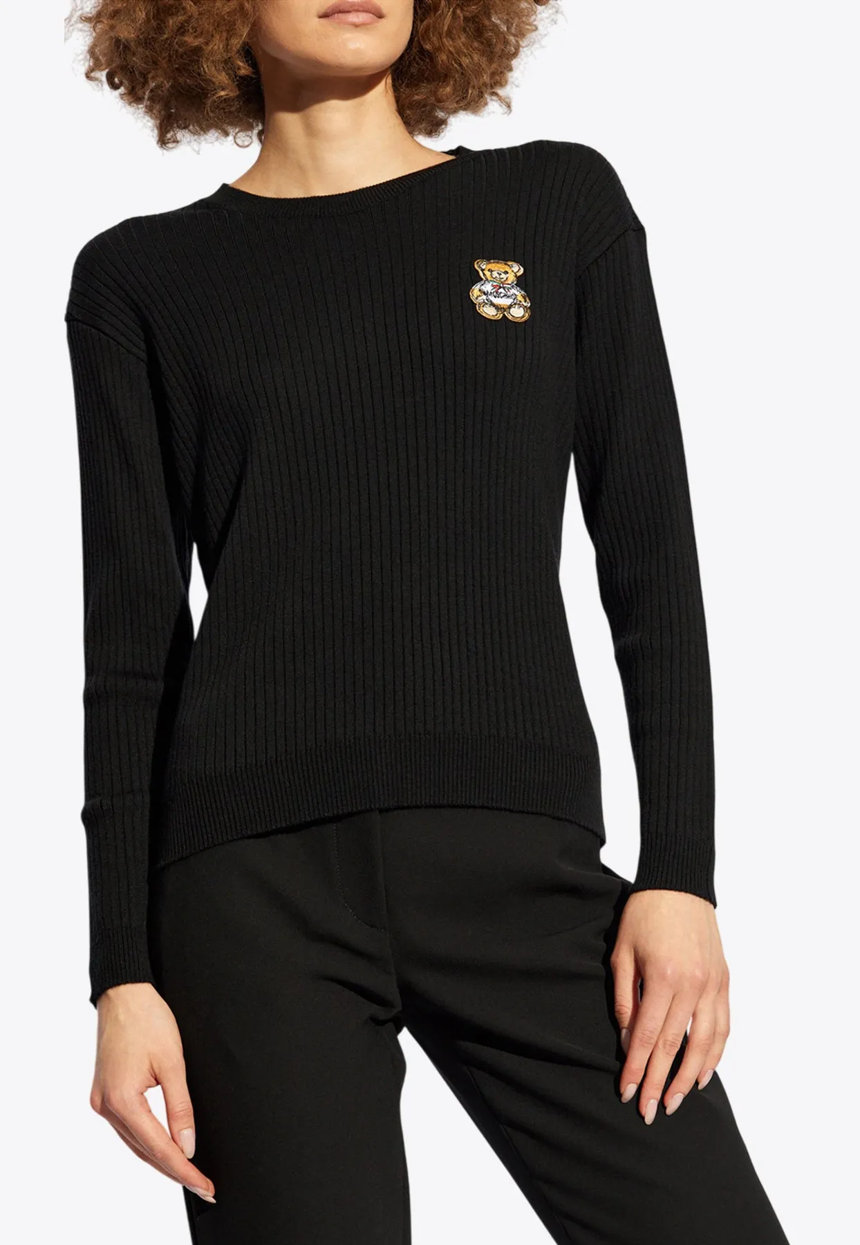 Teddy Bear Patch Ribbed Sweater