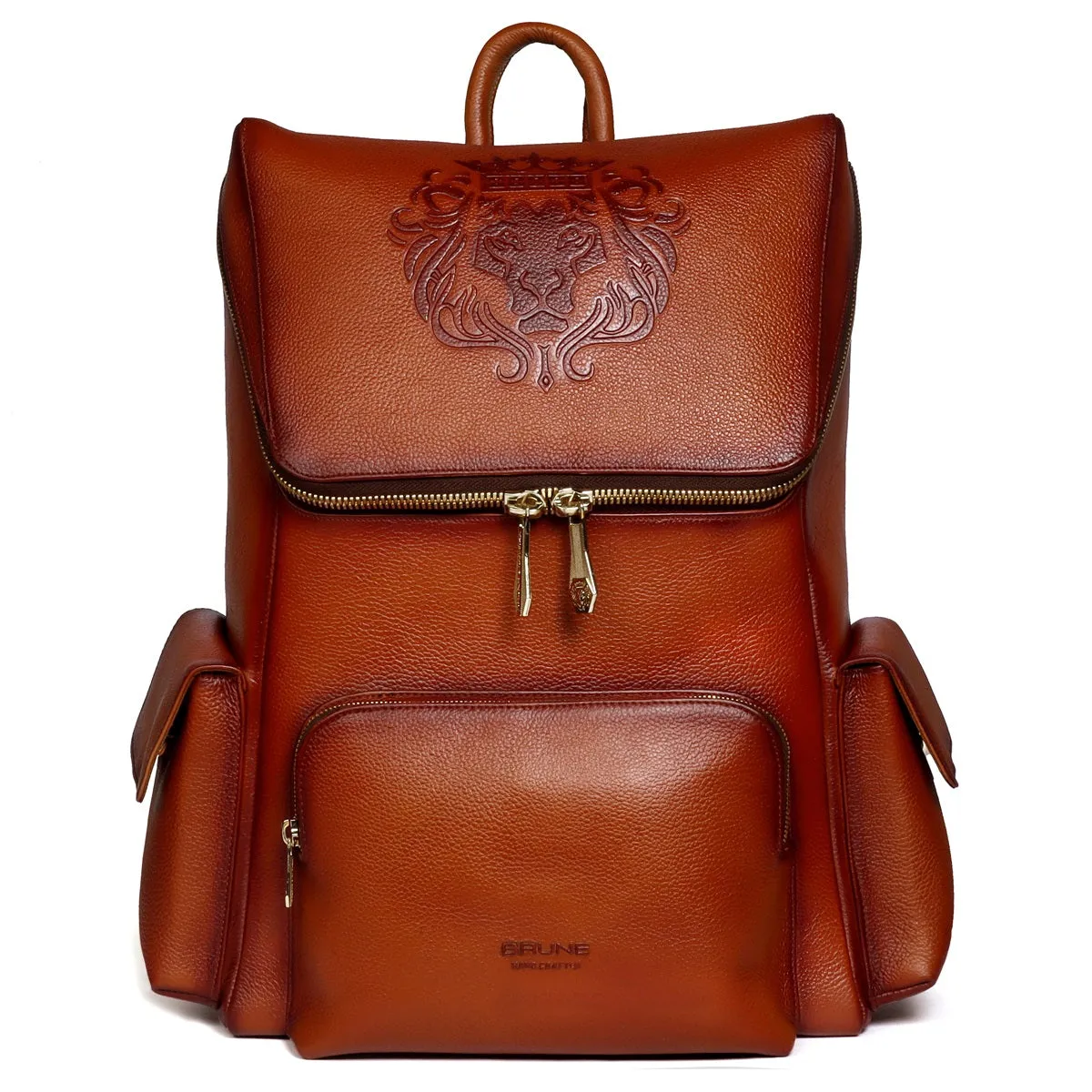 Textured Top Opening Backpack Zip Compartment Tan Leather