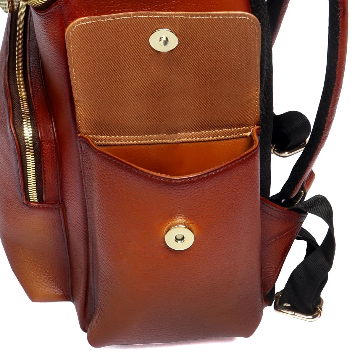 Textured Top Opening Backpack Zip Compartment Tan Leather