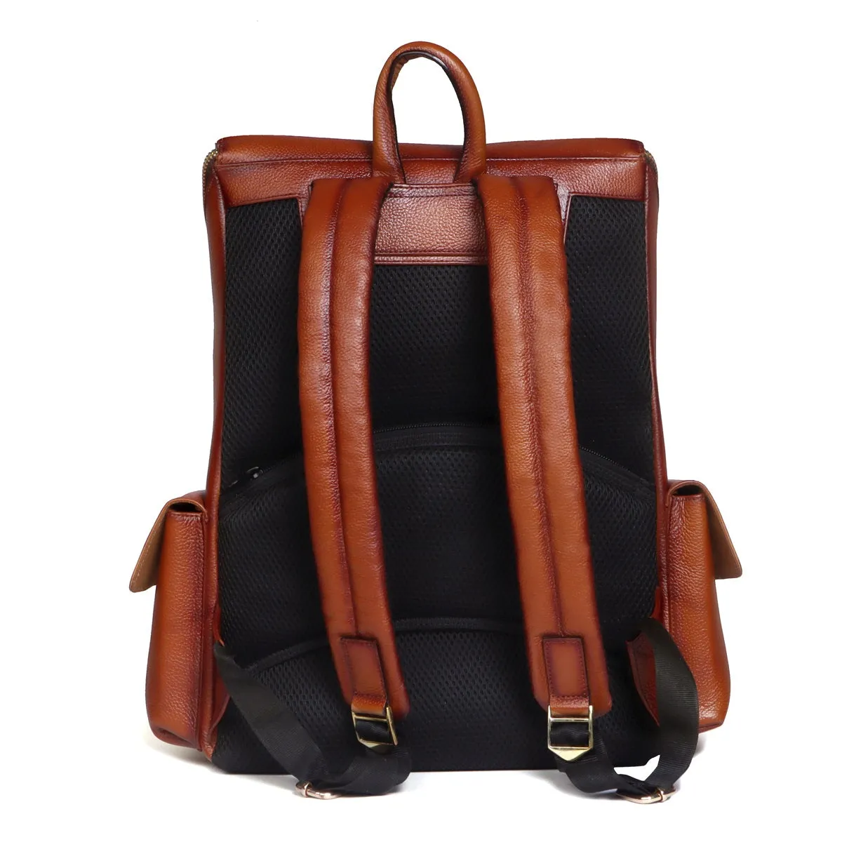 Textured Top Opening Backpack Zip Compartment Tan Leather