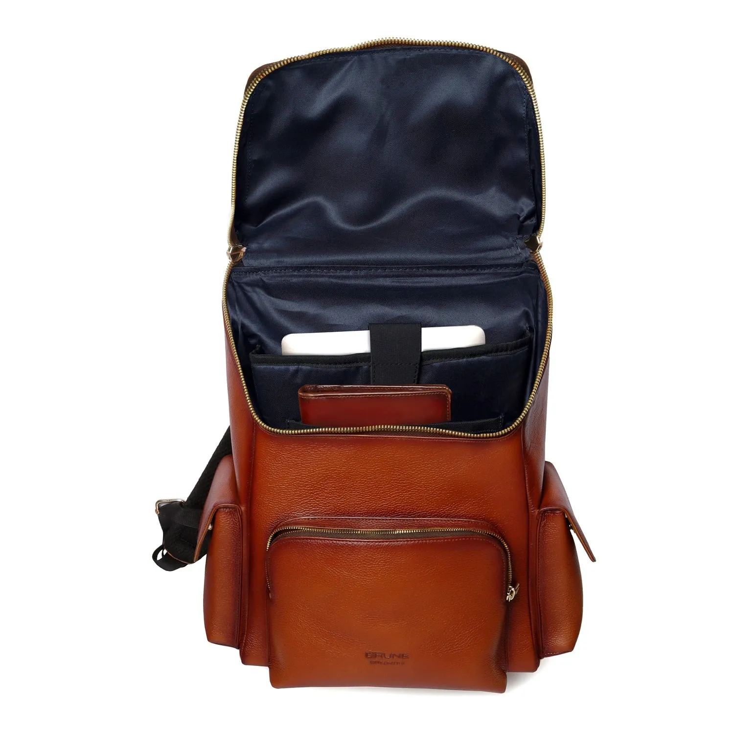 Textured Top Opening Backpack Zip Compartment Tan Leather