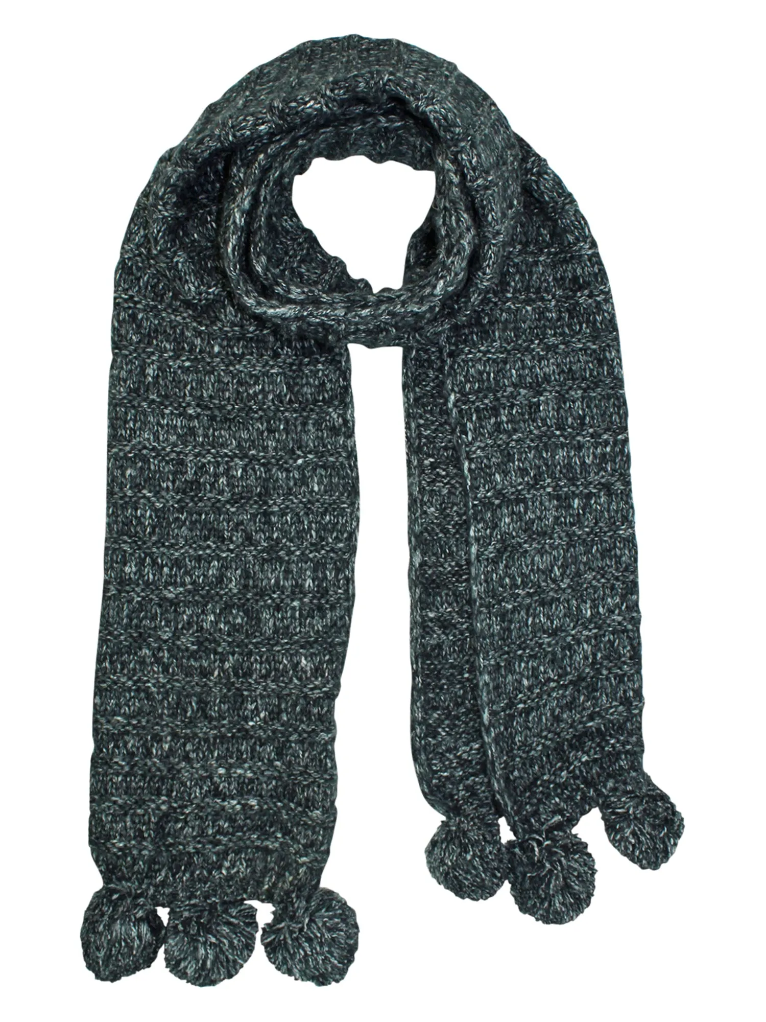 Thick Wide Ribbed Knit Scarf With Pom Poms