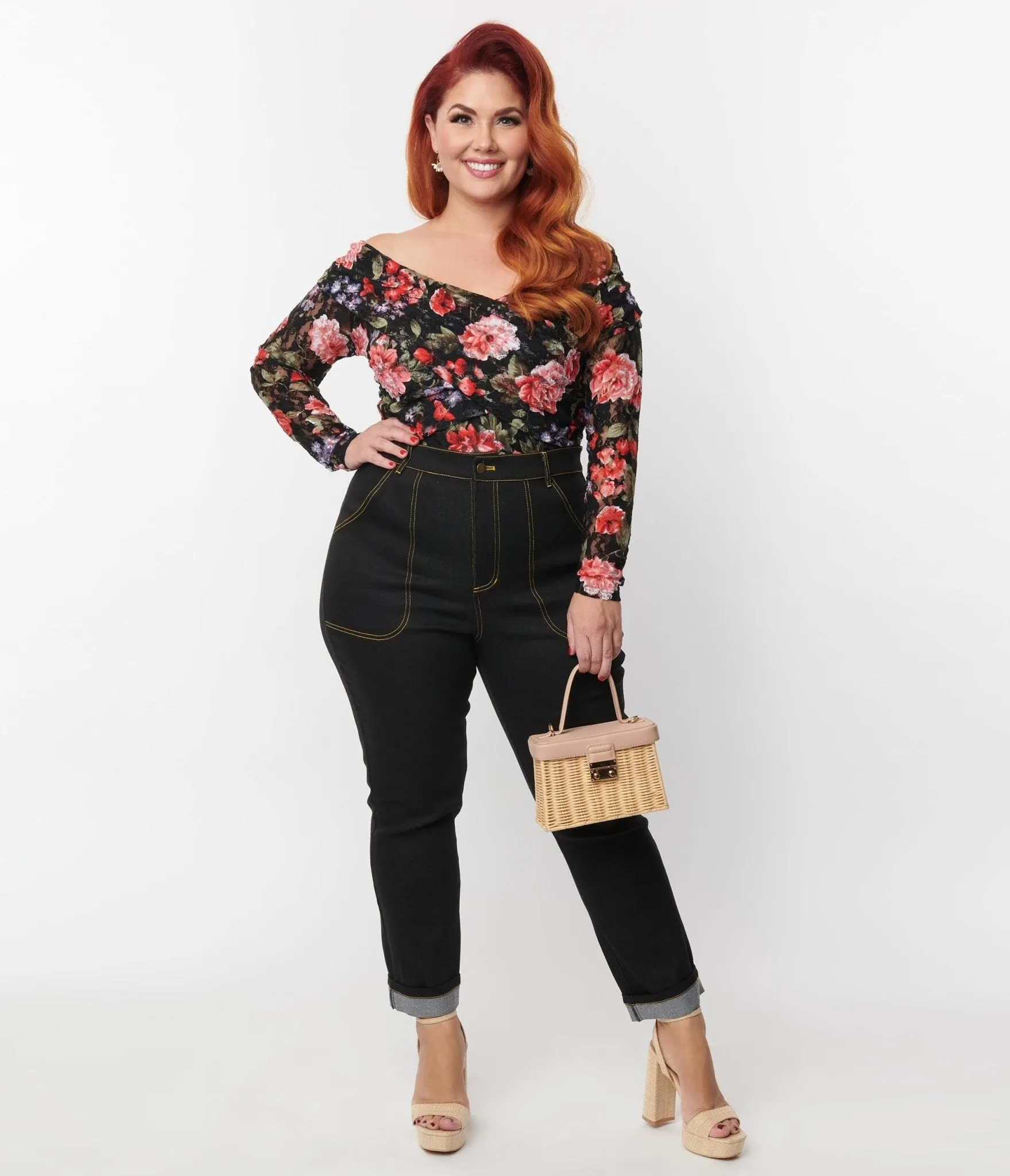 Unique Vintage Plus Size Black Denim Cuffed Jeans