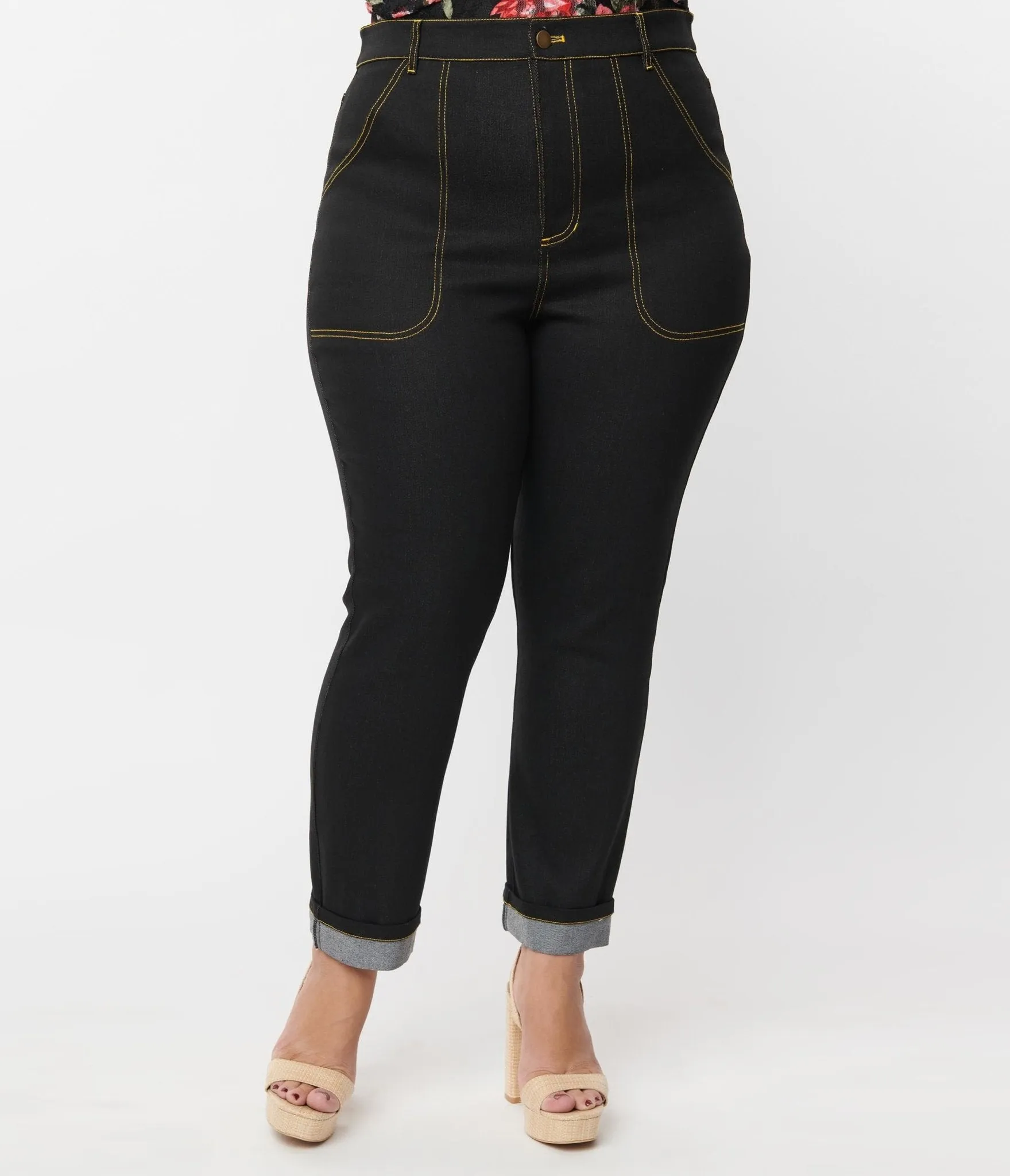 Unique Vintage Plus Size Black Denim Cuffed Jeans