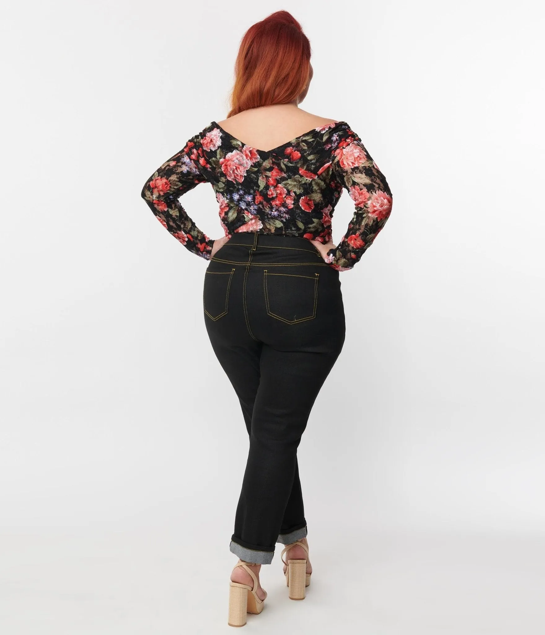 Unique Vintage Plus Size Black Denim Cuffed Jeans