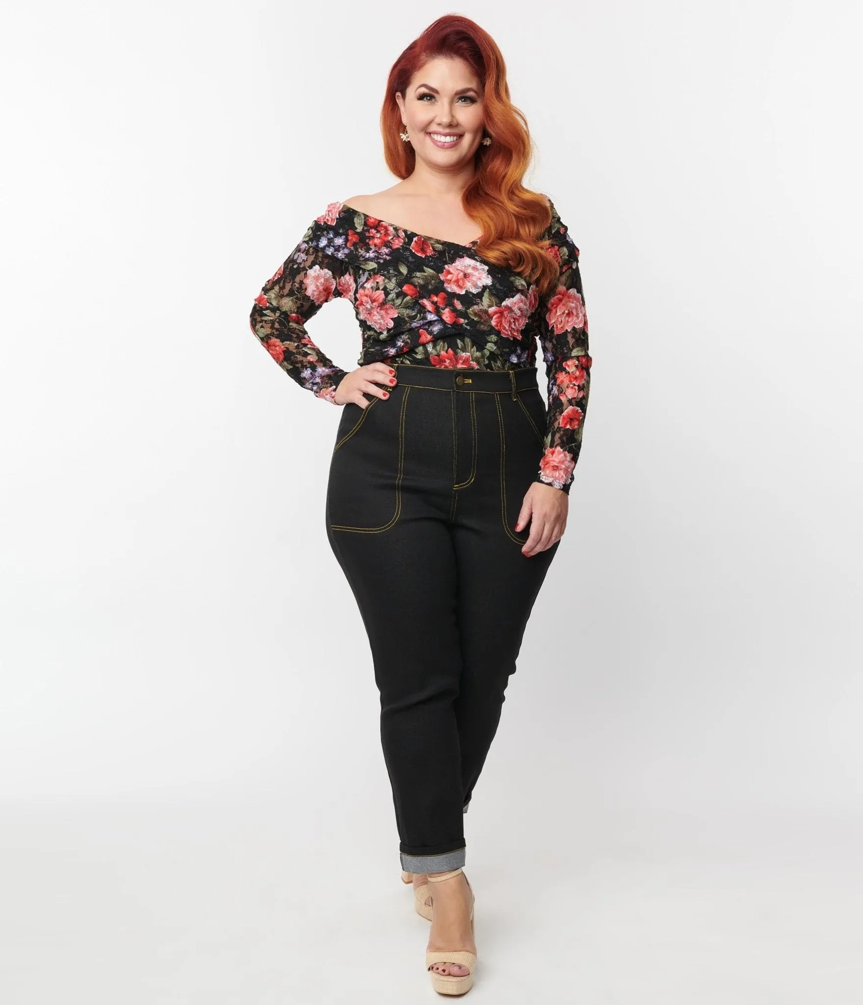 Unique Vintage Plus Size Black Denim Cuffed Jeans