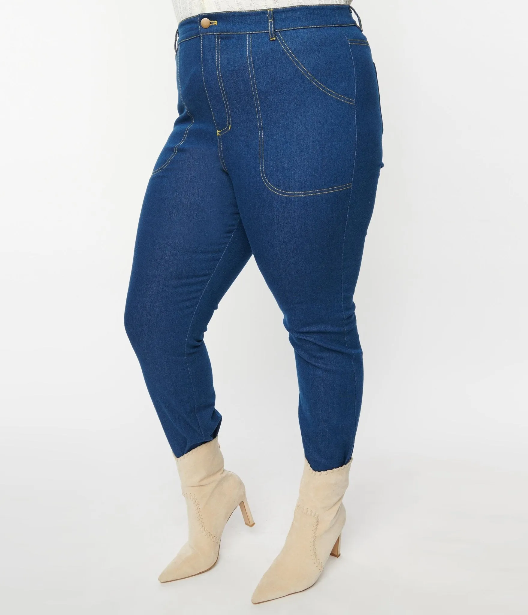 Unique Vintage Plus Size Blue Denim Cuffed Jeans