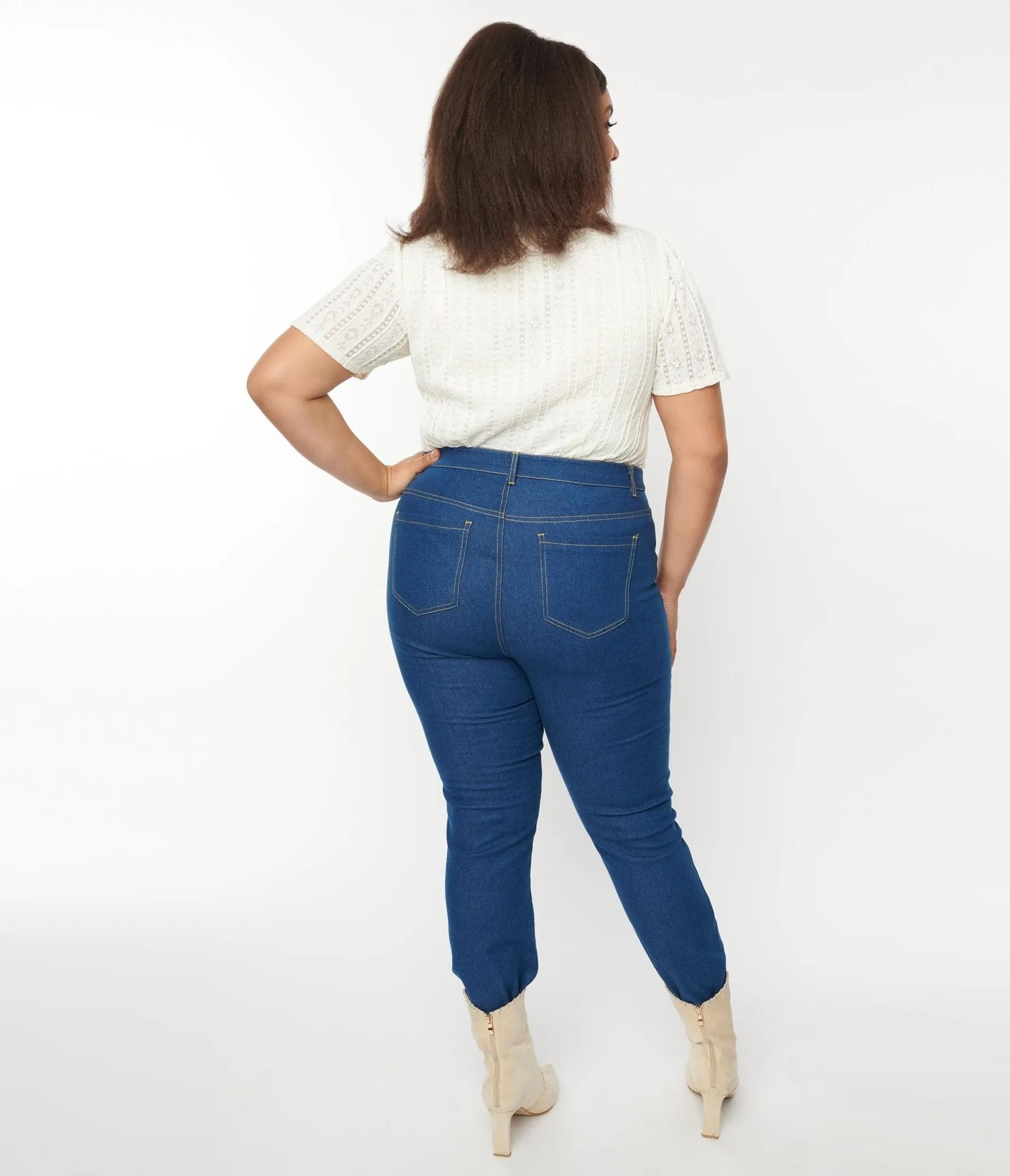 Unique Vintage Plus Size Blue Denim Cuffed Jeans