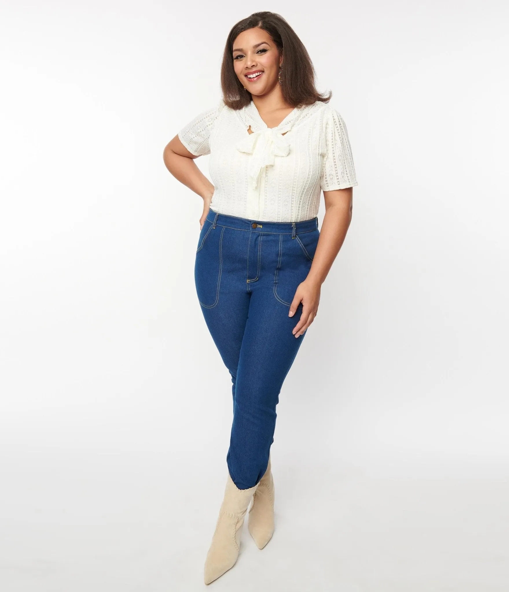 Unique Vintage Plus Size Blue Denim Cuffed Jeans