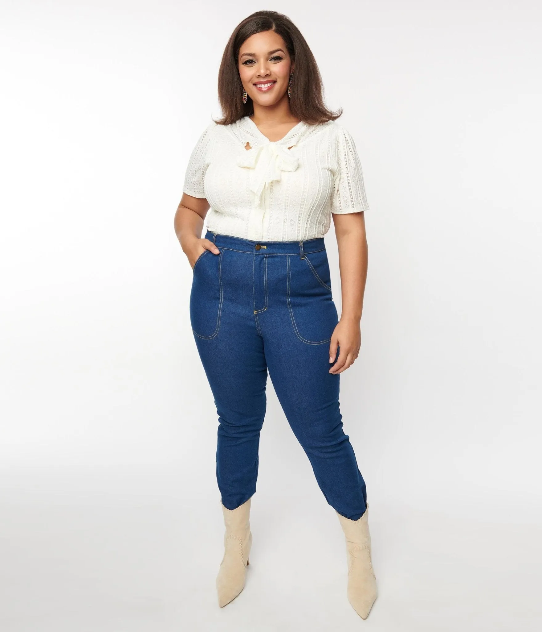 Unique Vintage Plus Size Blue Denim Cuffed Jeans