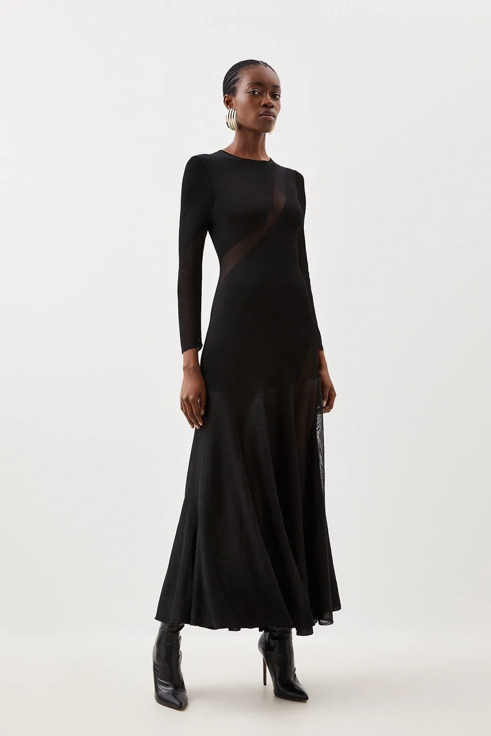 Viscose Sheer Knit Panelled Maxi Dress | Karen Millen