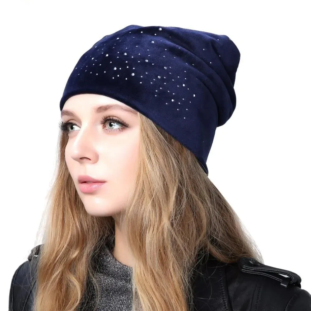 Warm Elastic Skullies Beanies Hats with Rhinestone for Women