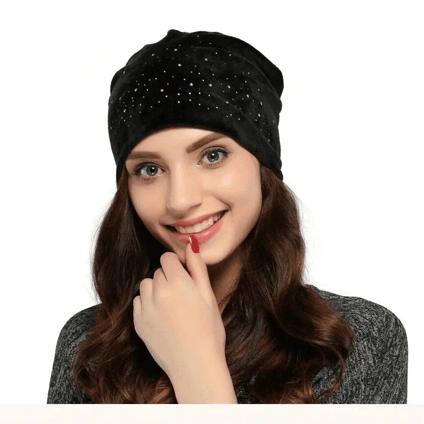 Warm Elastic Skullies Beanies Hats with Rhinestone for Women