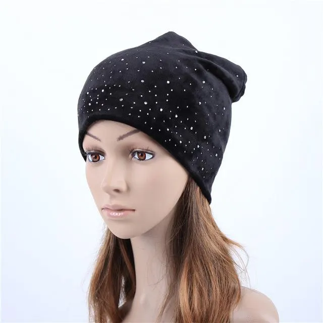 Warm Elastic Skullies Beanies Hats with Rhinestone for Women