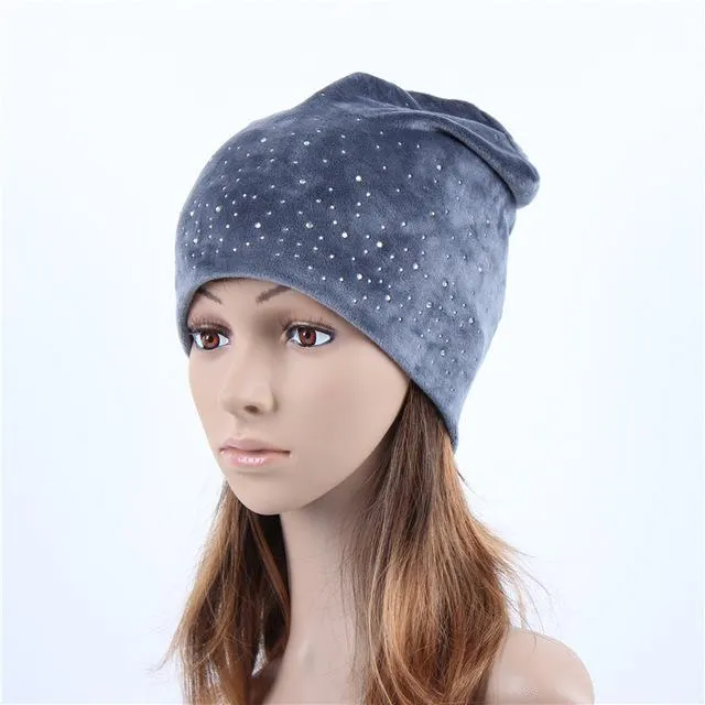 Warm Elastic Skullies Beanies Hats with Rhinestone for Women