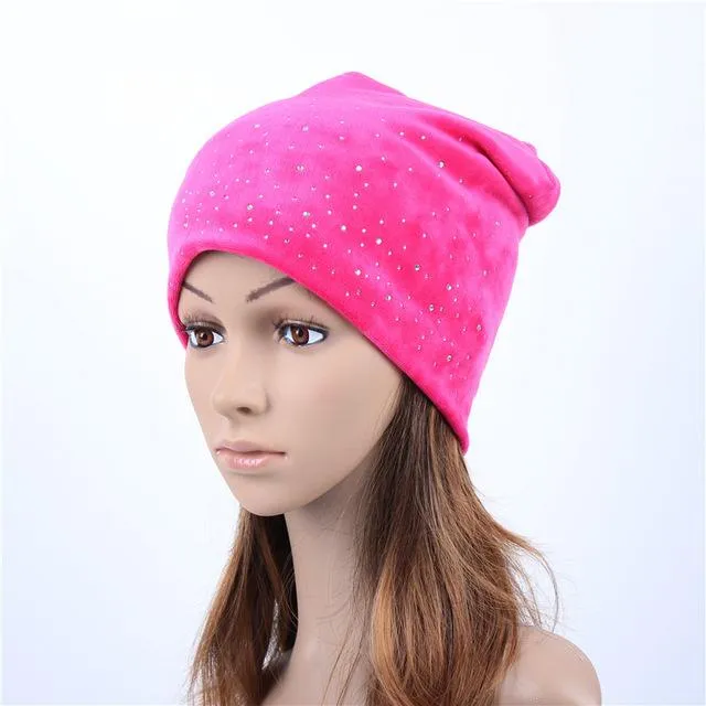 Warm Elastic Skullies Beanies Hats with Rhinestone for Women