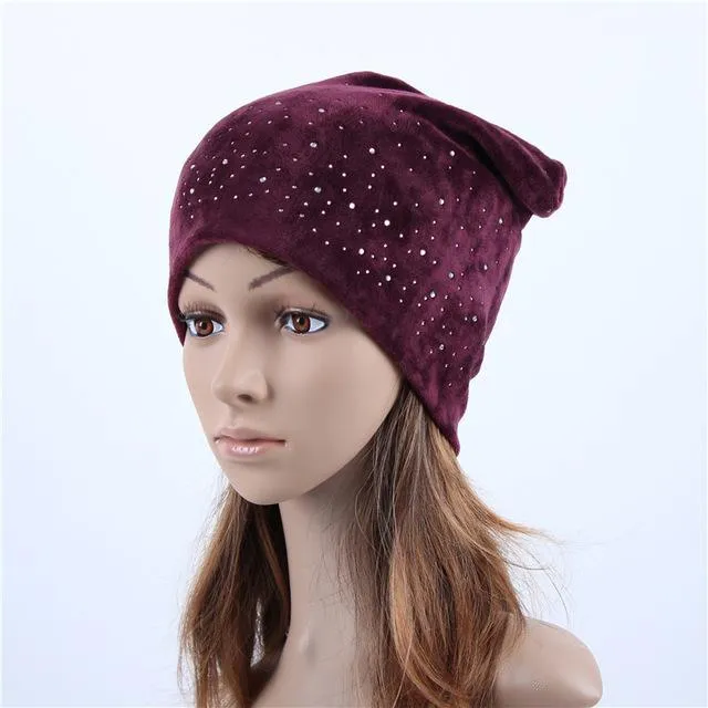 Warm Elastic Skullies Beanies Hats with Rhinestone for Women