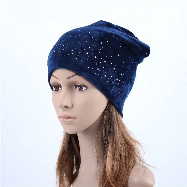 Warm Elastic Skullies Beanies Hats with Rhinestone for Women