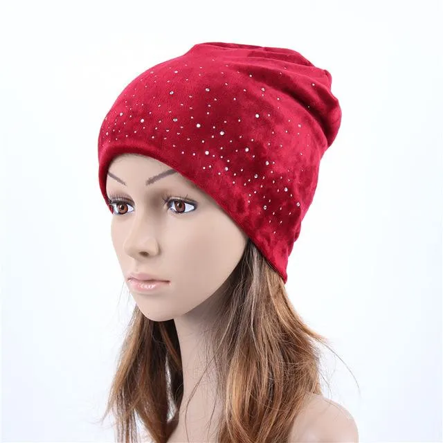 Warm Elastic Skullies Beanies Hats with Rhinestone for Women