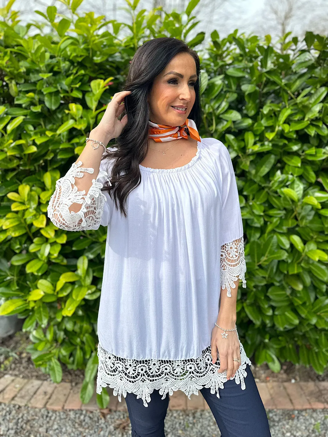 White Crochet Detail Bardot Top Jayne