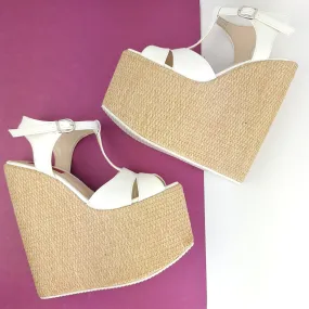 White T Strap Espadril High Heel Wedges