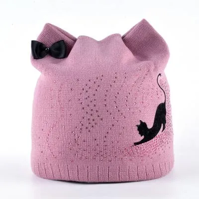 Winter Femme Knitted Skullies Beanies Cap with Ears for Girls