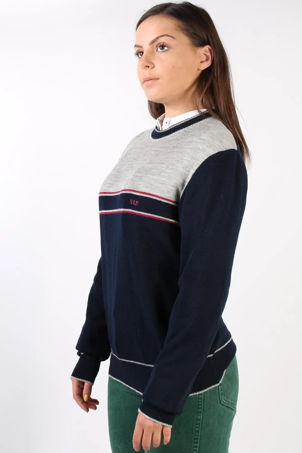 Women Jumper Knitwear 80s 90s V.I.P. Round Neck Navy L - Pepper Tree London