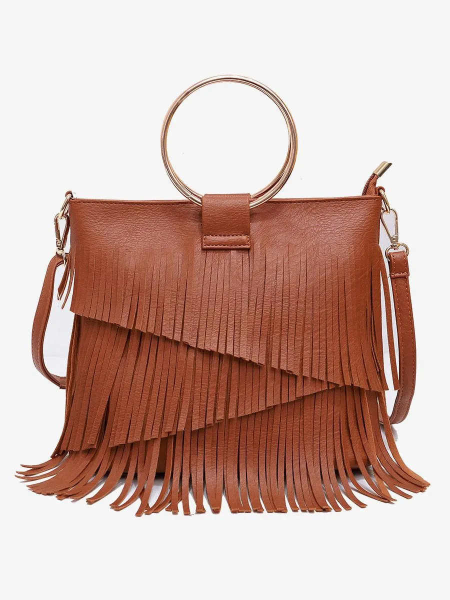 Women's Bags Black PU Leather Fringe Zipper Cross Body Strap Bags